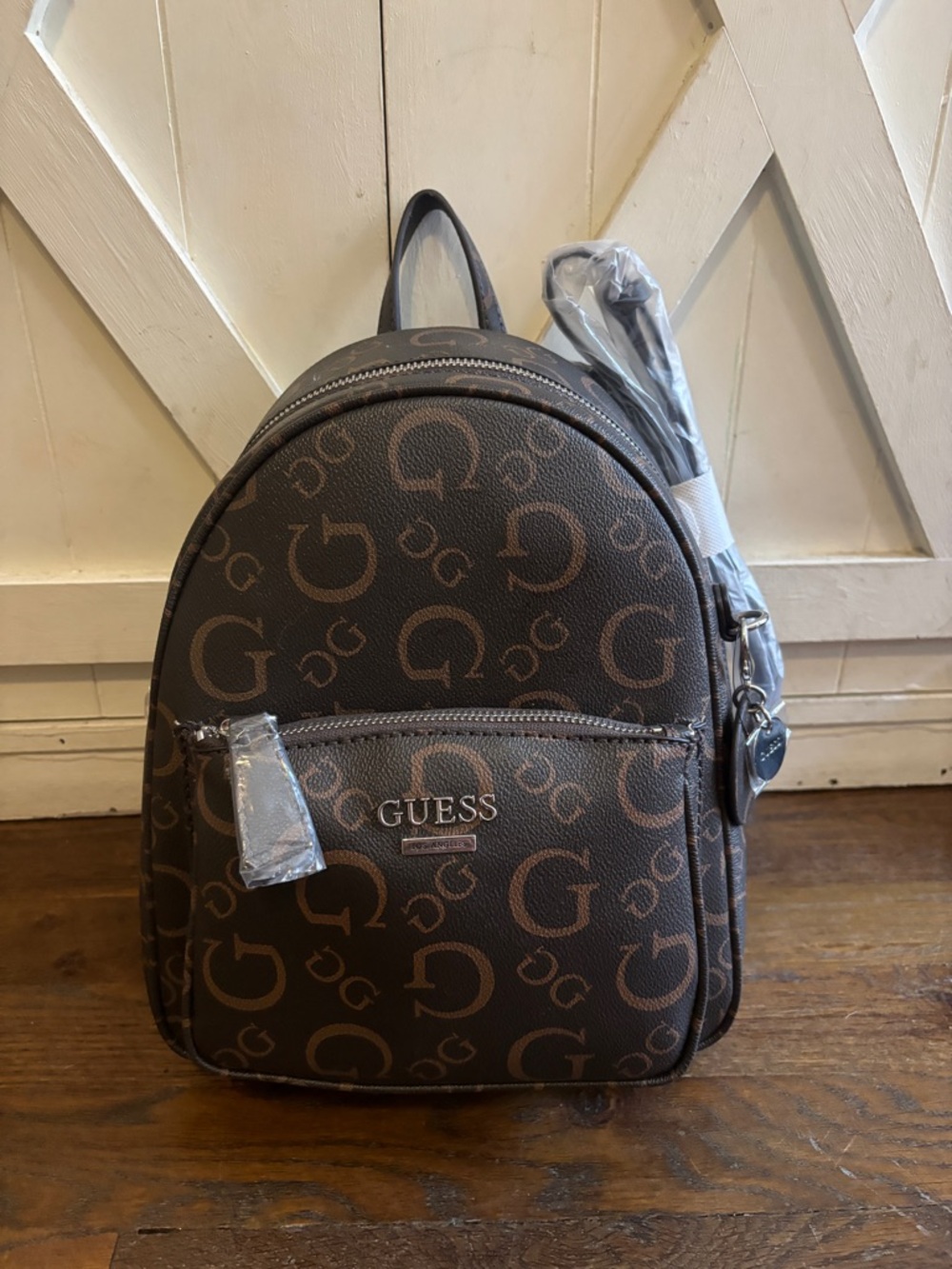 Guess Brown Logo Mini Backpack with Tan G Monogram